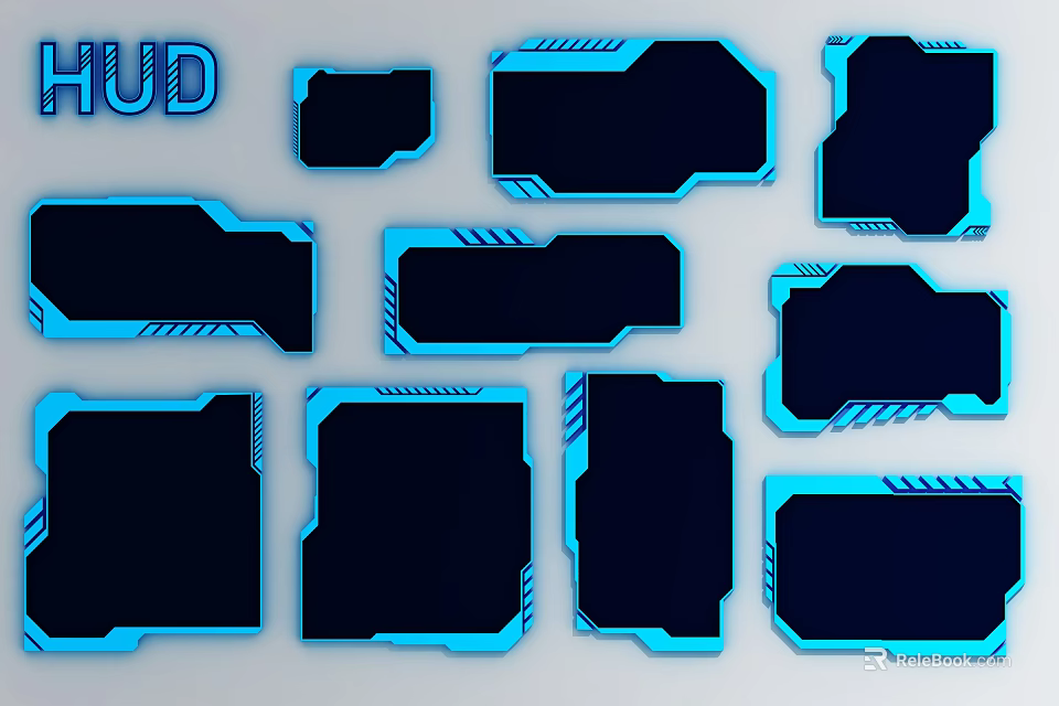 Futuristic HUD Widgets With Blue Border And Black Display Panel Design Elements 3d model 