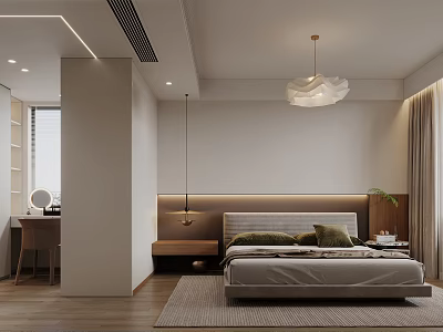 Modern Bedroom Interior With Platform Bed Backlit Headboard Pendant Light And Area Rug 3d model