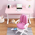 Pink Modern Desk With Laptop Books Stationery And Potted Plant In Kids Room