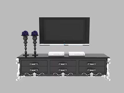 Black TV Stand With Drawers Silver Handles Decorative Legs TV And Purple Flower Vases 3d model