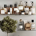 Modern Bathroom Accessories With Shelves Bottles Hanging Towel Hair Dryer And Green Plant