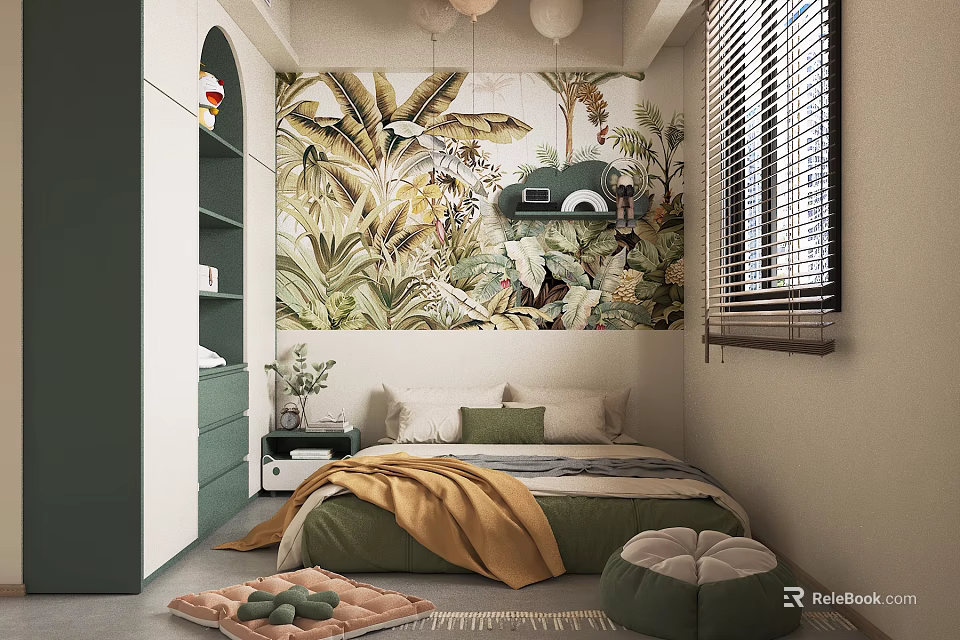 Modern Kids Room Interior Design With Tropical Plant Mural Green Bedding And Round Floor Cushions 3d model 