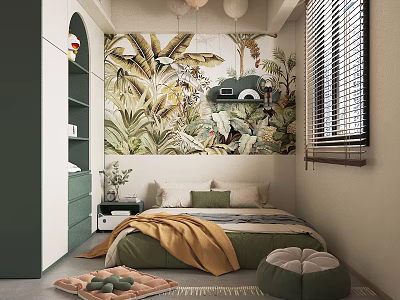 Modern Kids Room Interior Design With Tropical Plant Mural Green Bedding And Round Floor Cushions 3d model