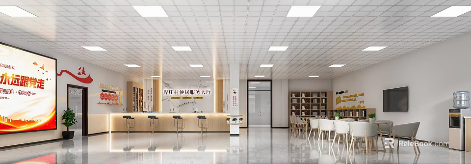 Lijiang Village Community Service Hall With Service Counters Bookshelves And Waiting Area 3d model 