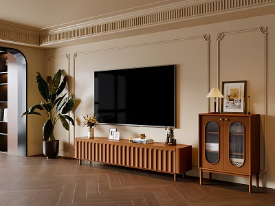 Wooden TV Stand In Modern Living Room With Wall Mounted TV Decorative Plants Glass Cabinet 3d model