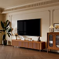 Wooden TV Stand In Modern Living Room With Wall Mounted TV Decorative Plants Glass Cabinet