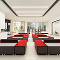 Modern Bank Lobby Interior With Red And Black Seating White Walls And Green Plants