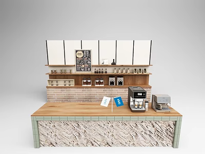Cafe Interior With Wooden Counter Brick Wall White Cabinets Coffee Machine And Decorative Clock 3d model