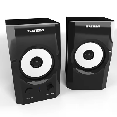 SVEM Black Stereo Speakers With White Circular Drivers And Control Buttons 3d model
