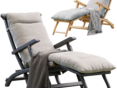 Comfortable Modern Lounge Chair With Black Metal Wooden Frame Gray Blue Cushion And Gray Blanket 3d model