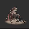 Scary Fantasy Creature With Skeleton Flesh And Attached Small Human Character