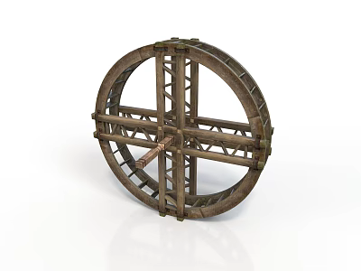 Antique Wooden Cart Wheel With Cross Spokes And Sturdy Wooden Frame Design 3d model