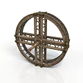 Antique Wooden Cart Wheel With Cross Spokes And Sturdy Wooden Frame Design