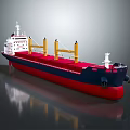 3D Rendered Large Cargo Ship With Red Blue Hull And Yellow Cranes