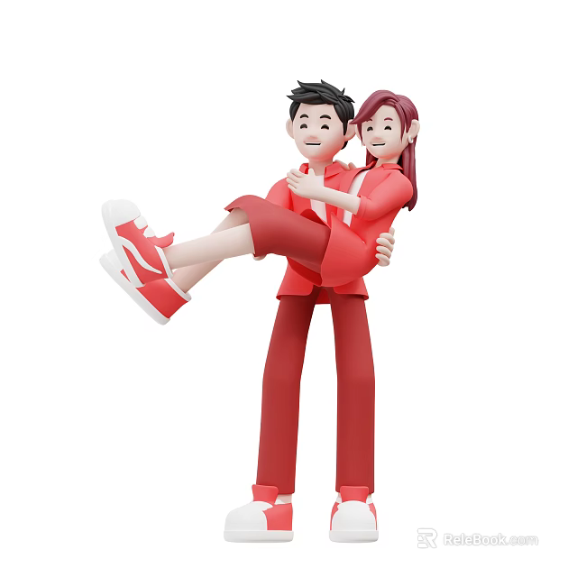 Happy Couple in Red Outfits Man Carrying Woman with White Sneakers 3d model 