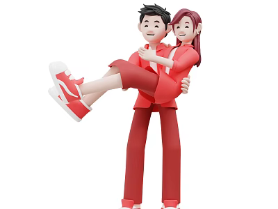 Happy Couple in Red Outfits Man Carrying Woman with White Sneakers 3d model