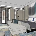 Elegant Modern Hotel Room Interior With Comfortable Bed Sofa And Decorative Wall 3d model
