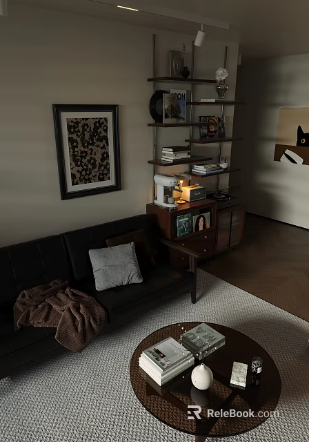 Cozy Vintage Living Dining Room Interior Design With Black Leather Sofa And Wooden Storage Cabinets 3d model 