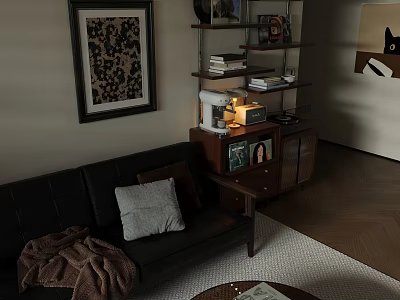 Cozy Vintage Living Dining Room Interior Design With Black Leather Sofa And Wooden Storage Cabinets 3d model