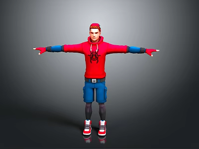 3D Character Model In Red Hoodie And Blue Cargo Pants With Arms Outstretched 3d model