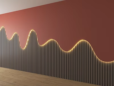 Red Accent Wall With Wavy Dark Vertical Slats And Yellow LED Lighting On Wooden Floor 3d model