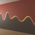 Red Accent Wall With Wavy Dark Vertical Slats And Yellow LED Lighting On Wooden Floor