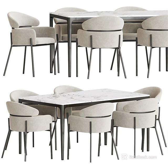 Modern Dining Table Set With Marble Top And Light Beige Upholstered Chairs 3d model