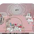 Dove Exhibition Display With Pink Background Floral Arch And Decor Items