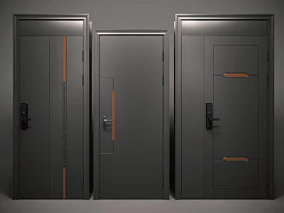 Modern Dark Gray Security Doors With Sleek Design Orange Accent Strips And Lock Systems 3d model