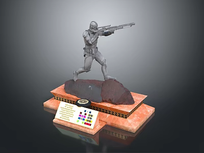 Soldier Statue Holding Rifle Standing On Multi Layered Base With Information Plaque And Colorful Markers 3d model