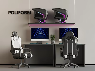 Modern POLIFORM Gaming Workspace With Hanging Headphones Purple Lighting Dual Monitors And Gaming Chairs 3d model