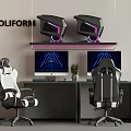 Modern POLIFORM Gaming Workspace With Hanging Headphones Purple Lighting Dual Monitors And Gaming Chairs