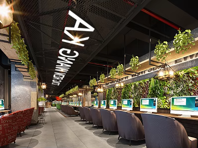 Modern Internet Cafe Interior Featuring Computers Green Plants And Comfortable Seats 3d model