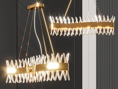 Modern Gold Frame Chandelier Featuring White Zigzag Design Illuminated On Dark Wall 3d model