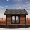 Traditional Chinese Wooden Pavilion With Black Roof And Balcony Under Blue Sky White Clouds