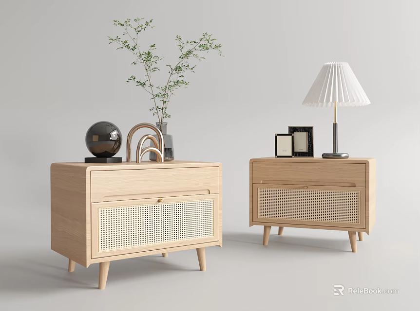 Light Wood Bedside Tables With Woven Detail Green Plant Table Lamp And Photo Frames 3d model 