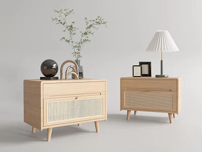 Light Wood Bedside Tables With Woven Detail Green Plant Table Lamp And Photo Frames 3d model
