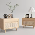 Light Wood Bedside Tables With Woven Detail Green Plant Table Lamp And Photo Frames