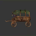 Vintage Wooden Carriage With Green Canopy Decorative Barrels And Purple Flowers
