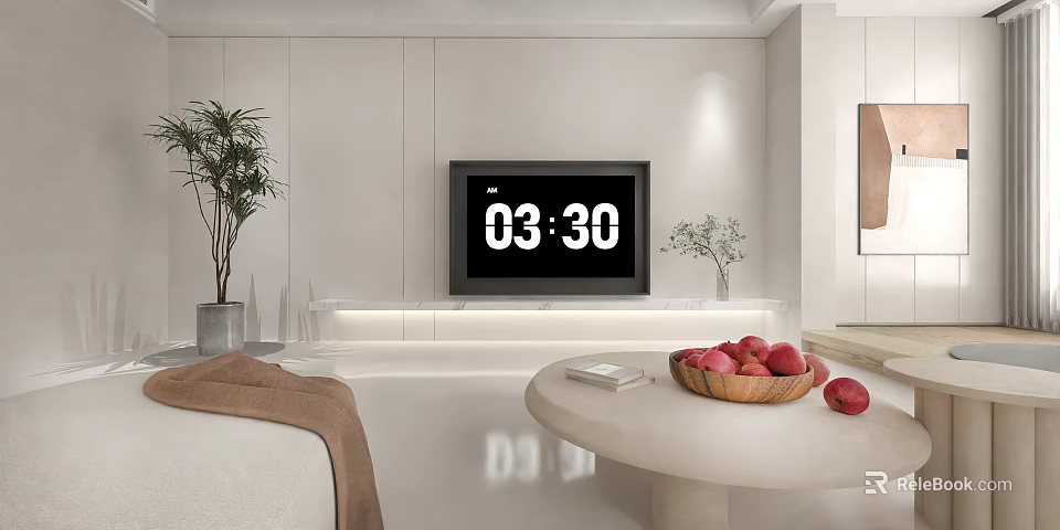White Minimalist TV Background Wall with Green Plants Round Table Books and Apples 3d model 