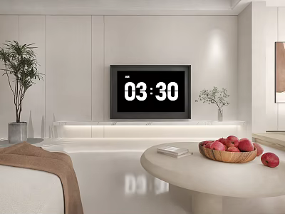 White Minimalist TV Background Wall with Green Plants Round Table Books and Apples 3d model