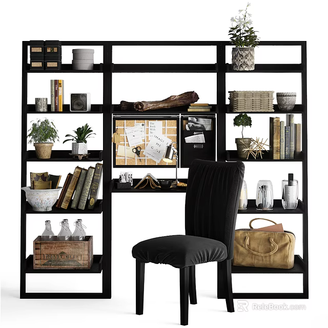 Stylish Home Office Desk With Black Bookshelf Books Potted Plants And Decorative Items 3d model 