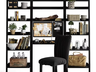 Stylish Home Office Desk With Black Bookshelf Books Potted Plants And Decorative Items 3d model