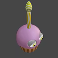 Cute Animated Purple Cupcake Game Movie Character With Big Eyes And Striped Candle
