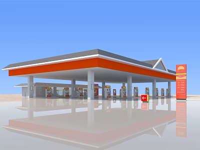 Modern Gas Station With Orange Gray Roof Canopy Fuel Pumps And Red Signage 3d model