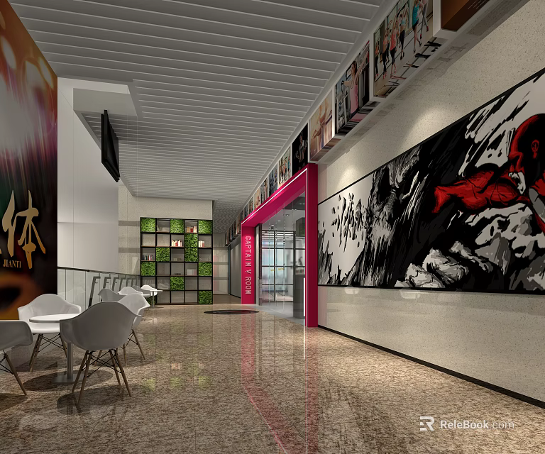 Modern Shopping Mall Store Interior With Art Mural White Chairs Greenery Wall And Pink Accent 3d model 