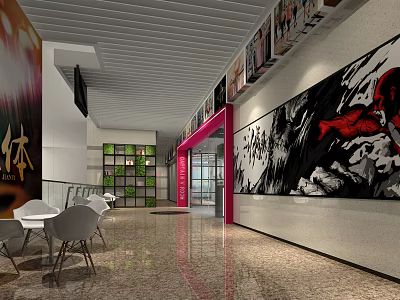 Modern Shopping Mall Store Interior With Art Mural White Chairs Greenery Wall And Pink Accent 3d model