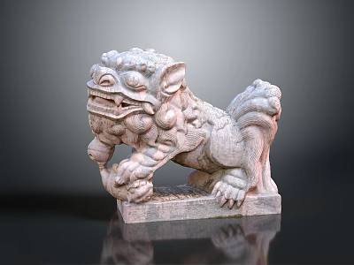 Traditional Stone Lion Statue Featuring Detailed Mythical Creature Carving And Base 3d model