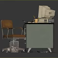Children Learning At Vintage Study Desk With Retro Green Screen Computer Books And Wooden Chair