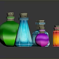 Colorful Glass Bottles In Various Shapes With Cork Stoppers On Dark Background